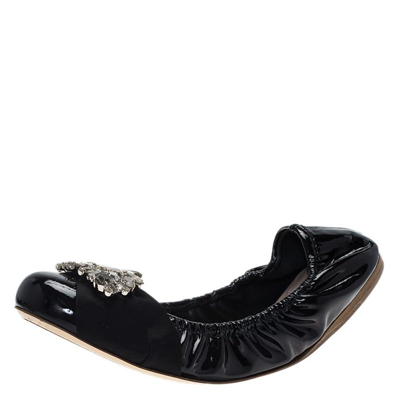 Pre Owned  Miu Miu Black Patent Jeweled Ballet Flats Size 38.5