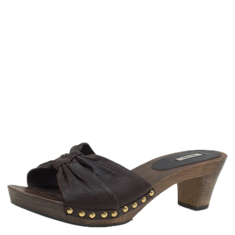 Miu Miu Brown Leather Wooden Mules Slides Platform Sandals Size 40