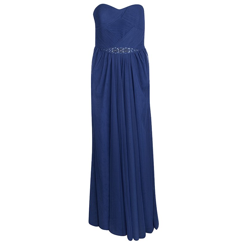 ML by Monique Lhuillier SS'14 Blue Embellished Drape Detail  Strapless Tulle Dress L