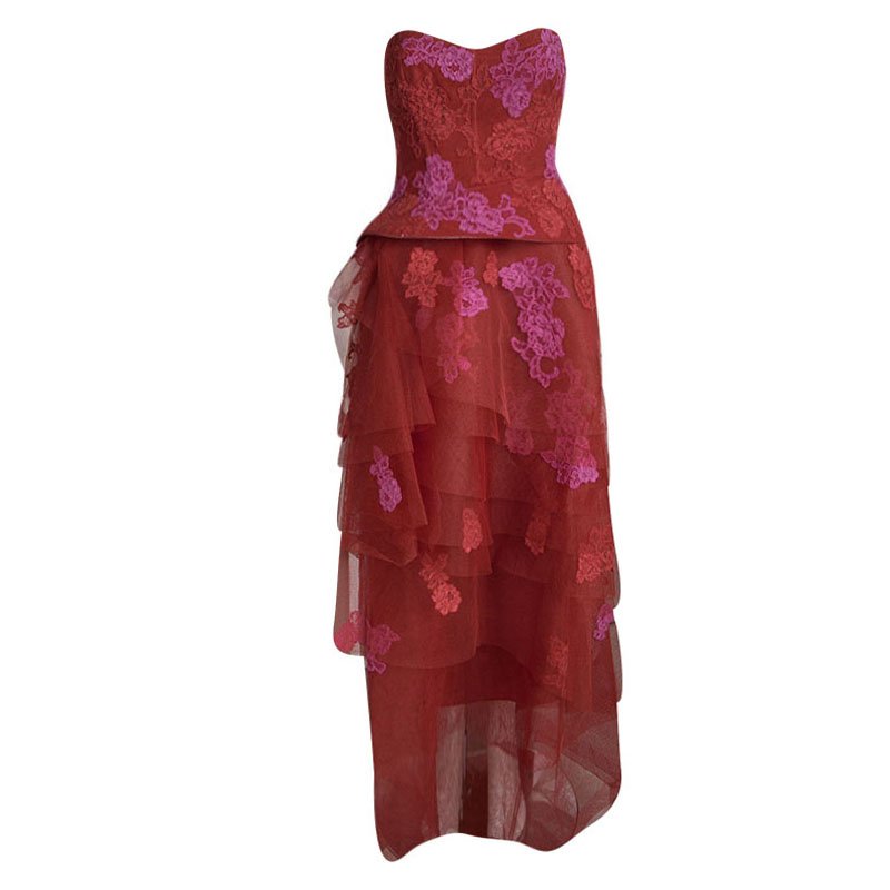Monique Lhuillier Red Floral Embroidered Net Strapless Tiered Peplum Gown S