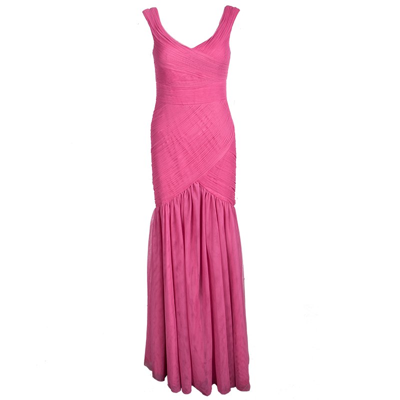 Monique Lhuillier Pink Pleated Net Detail Sleeveless Gown S