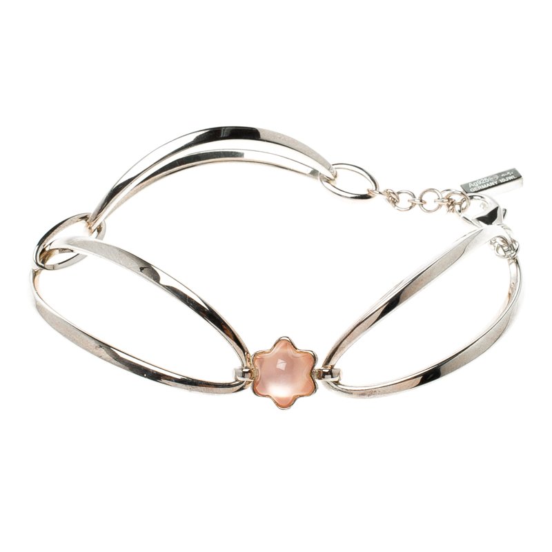 Pre Owned Montblanc Cabochon de Montblanc Collection Rose Quartz Star Link Silver Bracelet