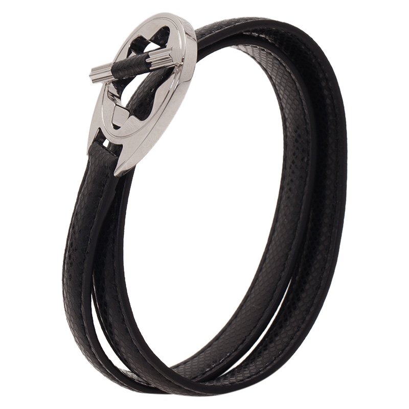 Pre Owned Montblanc Hold Me Tight Black Leather Silver Bracelet