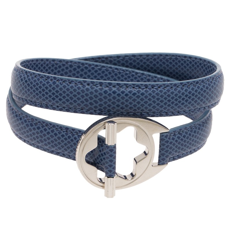 Pre Owned Montblanc Star Collection Hold Me Tight Artic Blue Leather & Silver Wrap Around Toggle Bracelet 18cm