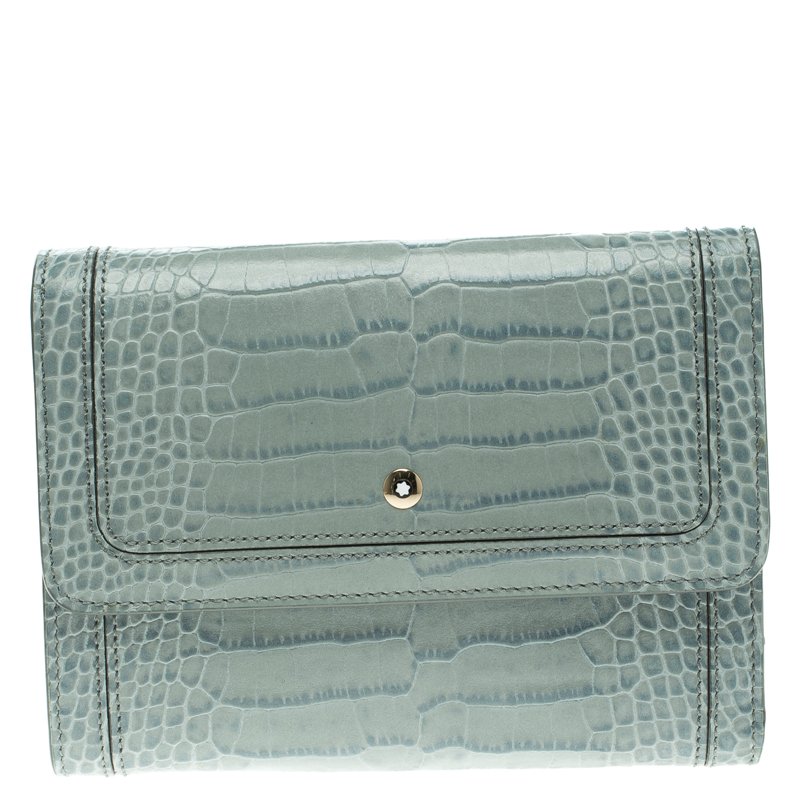 Pre Owned Montblanc Blue Croc Embossed Leather French Wallet