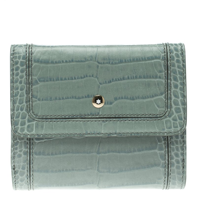 Montblanc Blue Croc Embossed Leather 6CC Flap Wallet