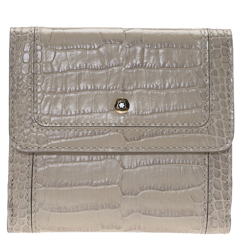 Montblanc Beige Croc Embossed Leather 6CC Flap Wallet