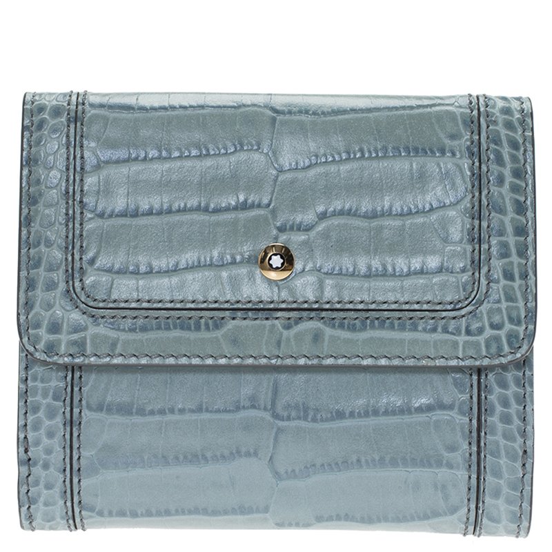 Pre Owned Montblanc Blue Croc Embossed Leather 6CC Flap Wallet