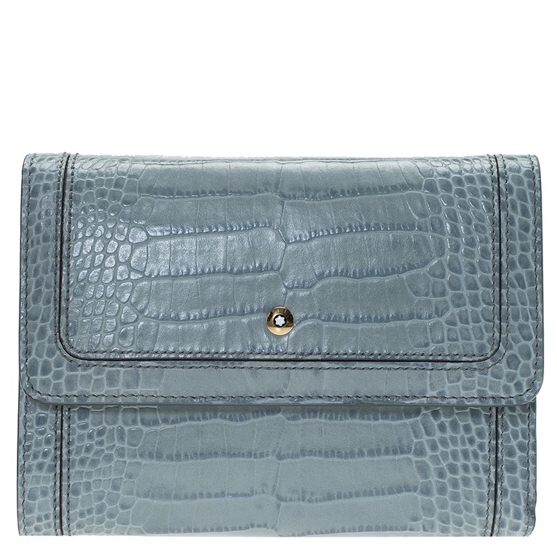 Pre Owned Montblanc Blue Croc Embossed Leather French Wallet