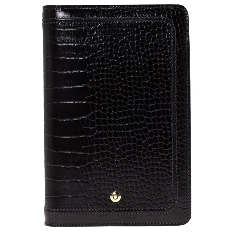 Pre Owned Montblanc Black Sand Lizard Embossed Leather Small Agenda
