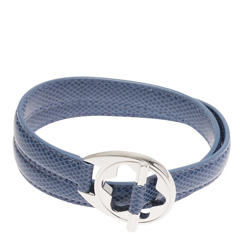 Pre Owned Montblanc Star Collection Hold Me Tight Arctic Blue Leather Silver Bracelet Size 18cm