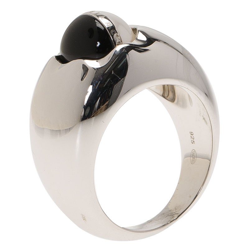 Pre Owned Montblanc Rotating Sphere in Onyx and Pearl Cabochon Silver Ring Size 56