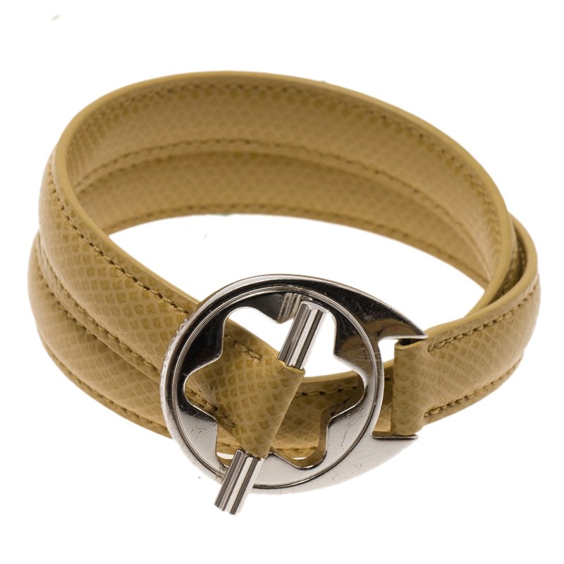 Pre Owned Montblanc Hold Me Tight Silver Beige Leather Double Wrap Bracelet 18cm