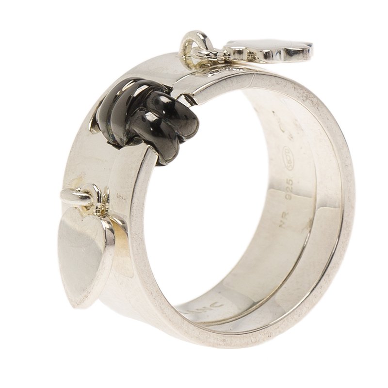 Pre Owned Montblanc Heart & Star Charms Double Attached Silver Ring Size 52