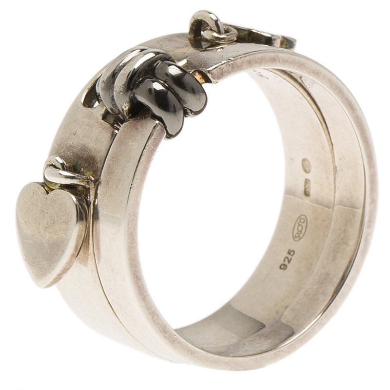 Pre Owned Montblanc Heart & Star Charms Double Attached Silver Ring Size 58