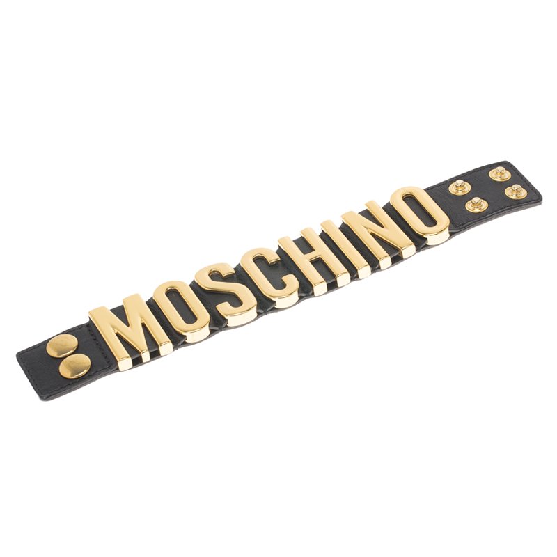 Moschino Logo Plaque Black Leather Cuff 