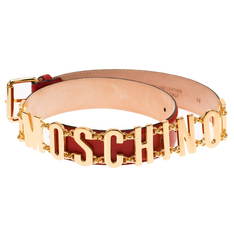 Moschino Red Leather Logo Chain Belt 95 CM