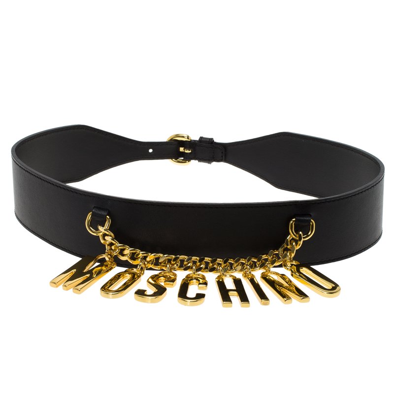 Pre Owned Moschino Black Leather Logo Charm Belt 105CM