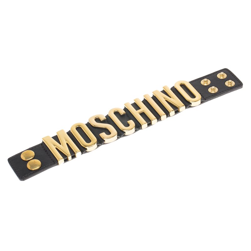 Pre Owned Moschino Logo Plaque Black Leather Cuff Bracelet