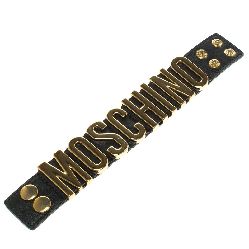 Moschino Logo Plaque Black Leather Cuff Bracelet