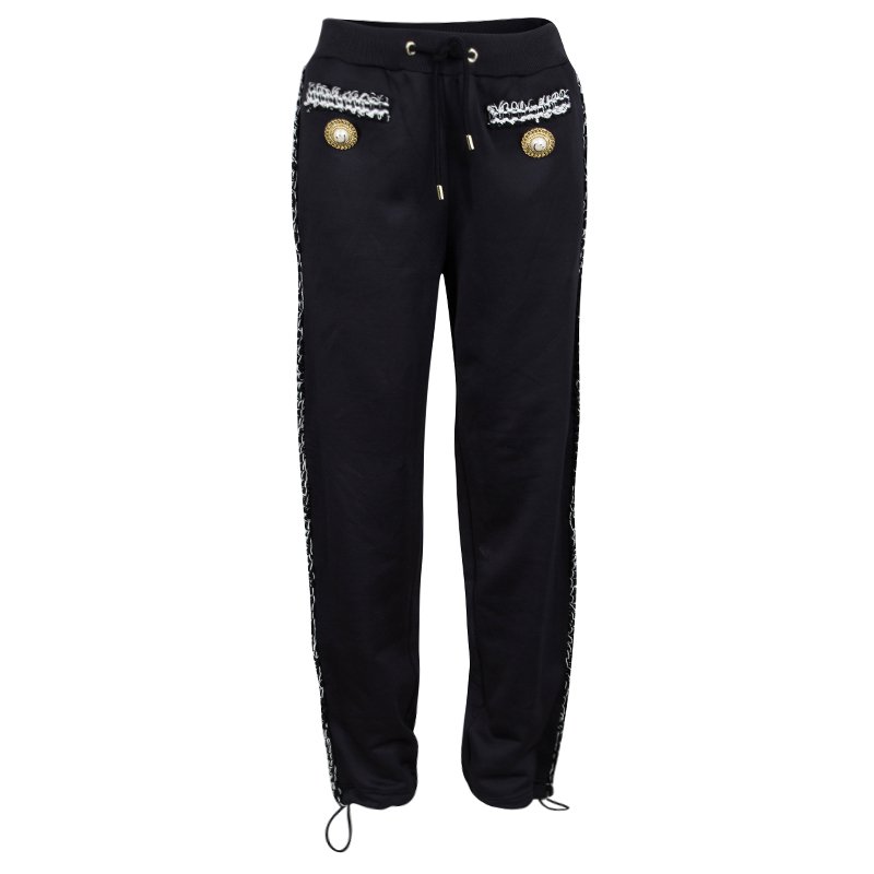 Pre Owned Moschino Couture Black Knit Crochet Trim Smiley Face Button Sweatpants S