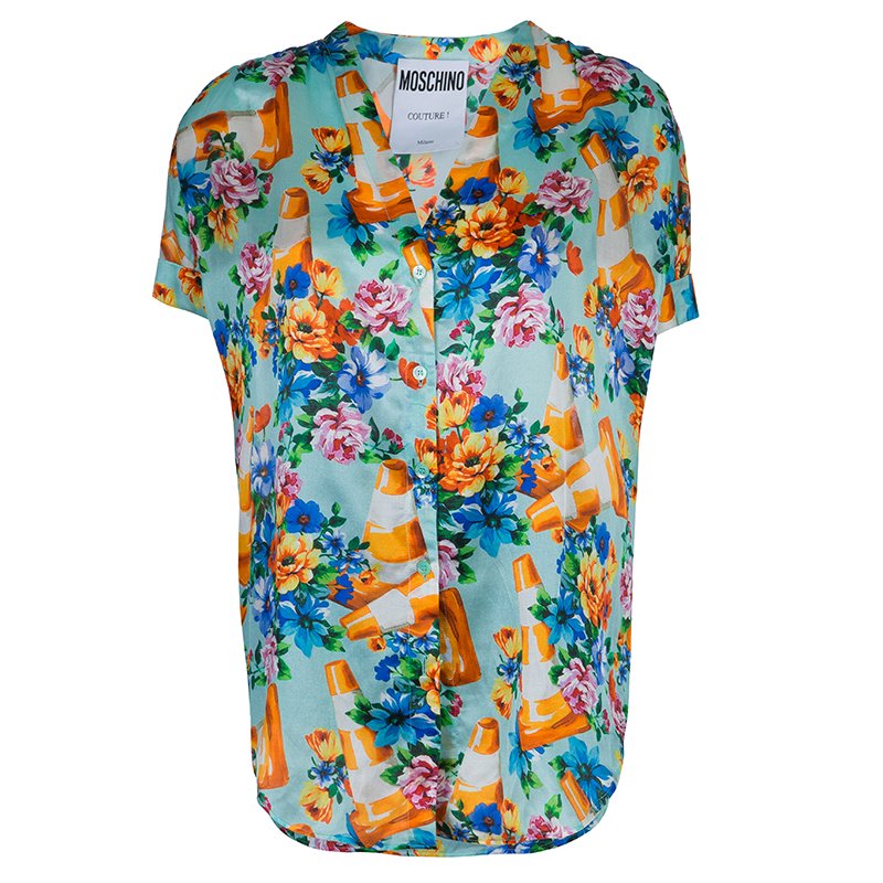 Moschino Couture Multicolor Floral Print Buttondown Short Sleeve Blouse M