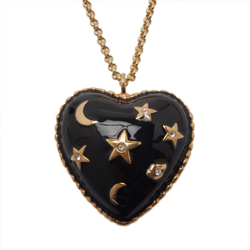 Pre Owned Moschino Moon And Stars Wide Black Pendant Necklace