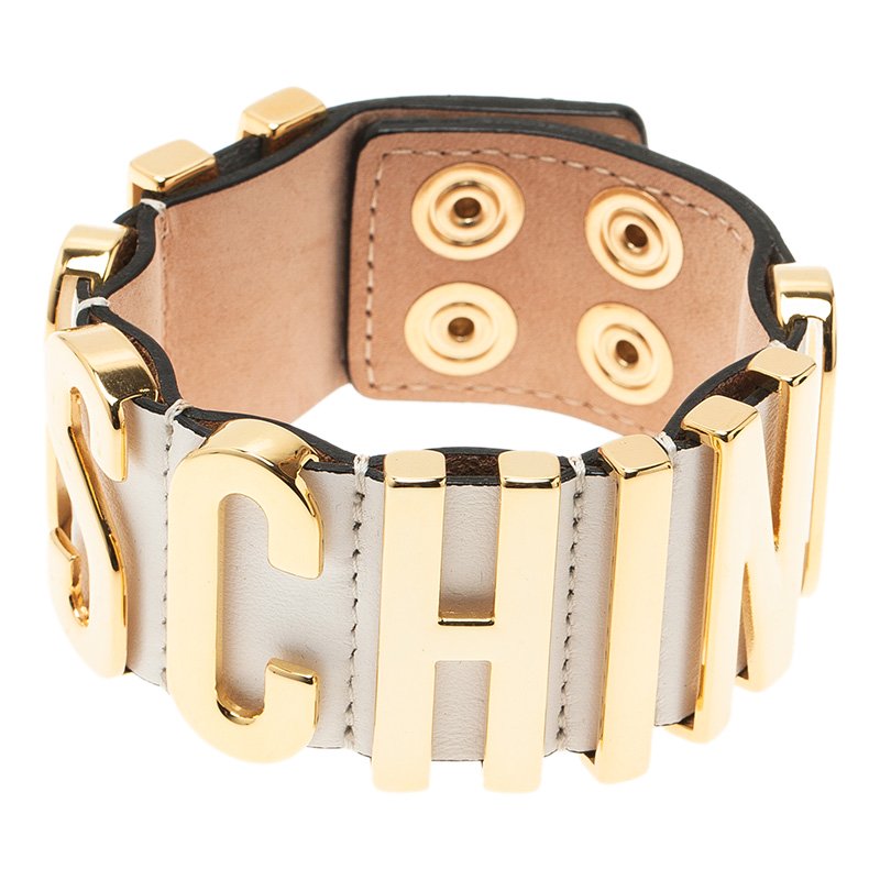 Moschino Logo Wide White Leather Gold Tone Bracelet