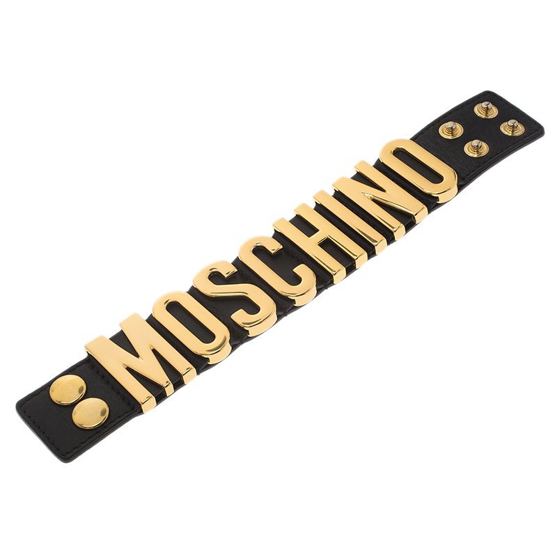 Pre Owned Moschino Logo Black Leather Cuff Bracelet S
