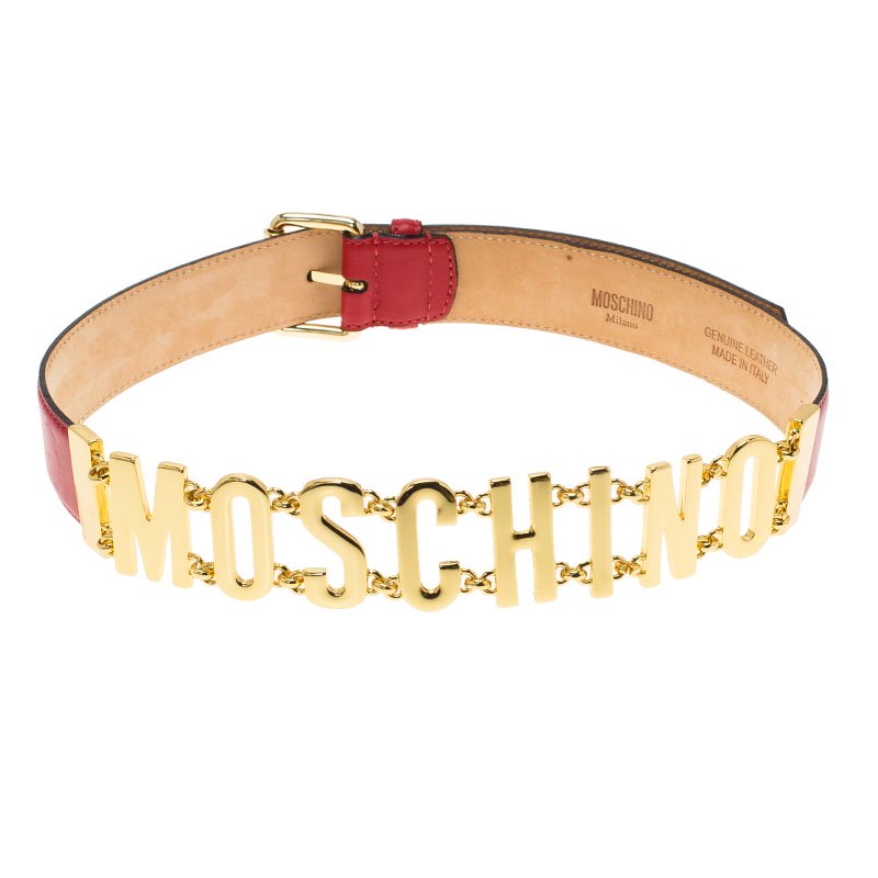 حزام موسكينو جلد أحمر سلسلة بالشعار 95 سم
