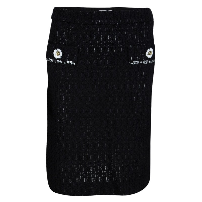 Pre Owned Moschino Black Textured Embellished Pocket Detail Boucle Skirt S