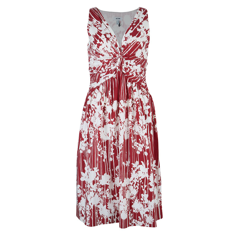 Pre Owned Moschino Red & White Print Knee Length Dress M