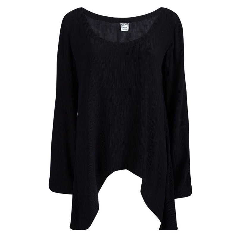 Pre Owned Moschino Couture Black Crinkled Silk Long Sleeve Top M