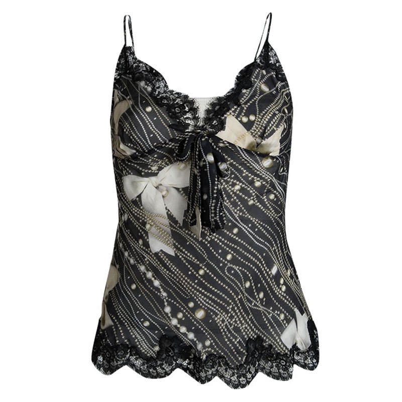 Pre Owned Moschino Printed Silk Bow Detail Lace Trim Sheer Camisole M