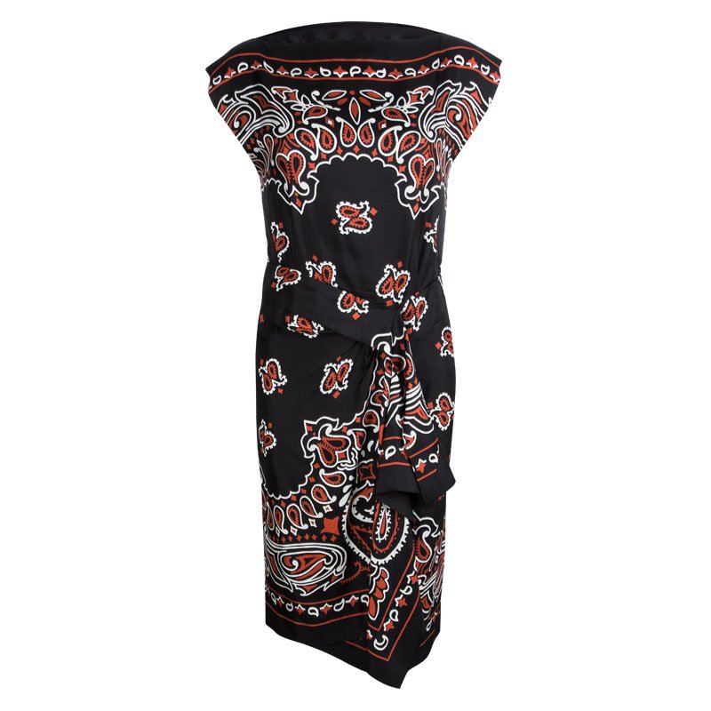 Pre Owned Moschino Couture Black Paisley Printed Silk Draped Dress S
