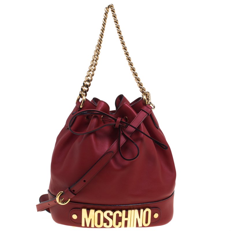  Moschino Red Leather Bucket Drawstring Hobo