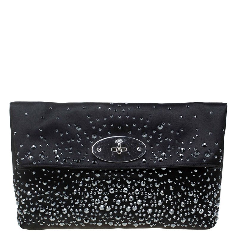 Pre Owned Mulberry Black Satin Embellished Clemmie Clutch