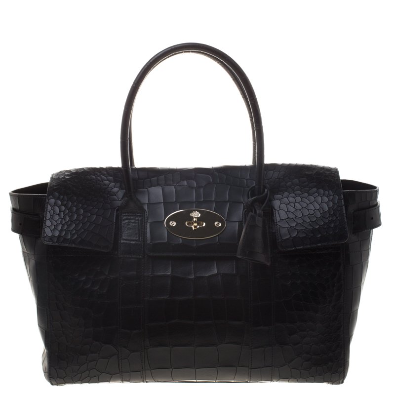 Pre Owned Mulberry Black Croc Embossed Leather Bayswater Satchel