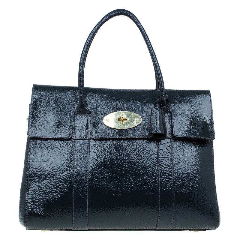 Pre Owned Mulberry Dark Grey Patent Leather Bayswater Satchel