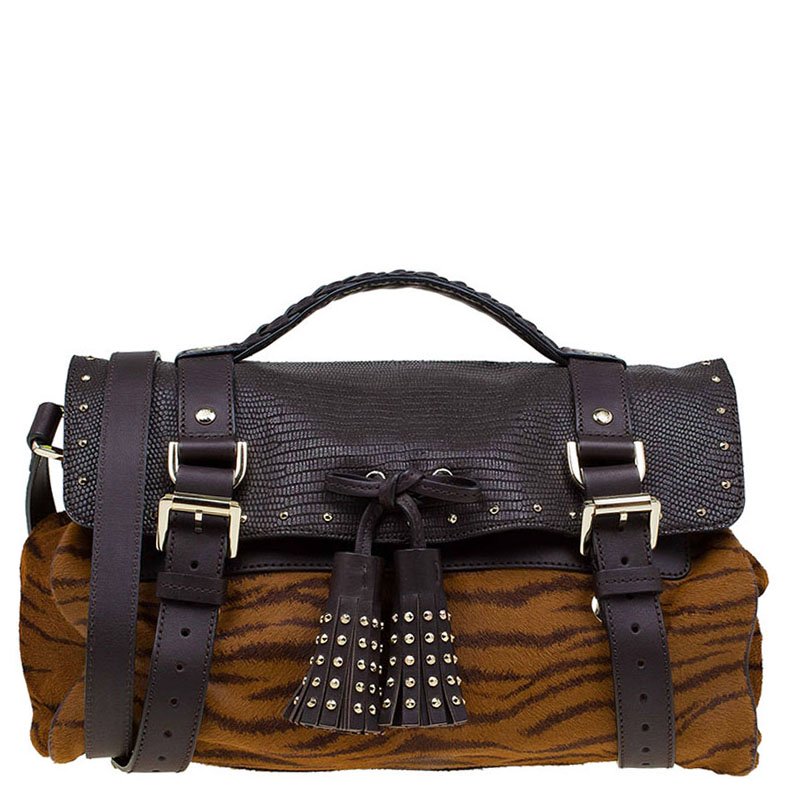 Pre Owned Mulberry Brown Zebra Print Calf Hair And Lizard Embossed Alexa Shoulder Bag