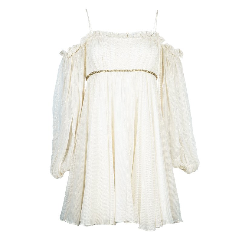 Pre Owned توب ماركيزا كتف ساقط نوتي كريمي وجليتر L