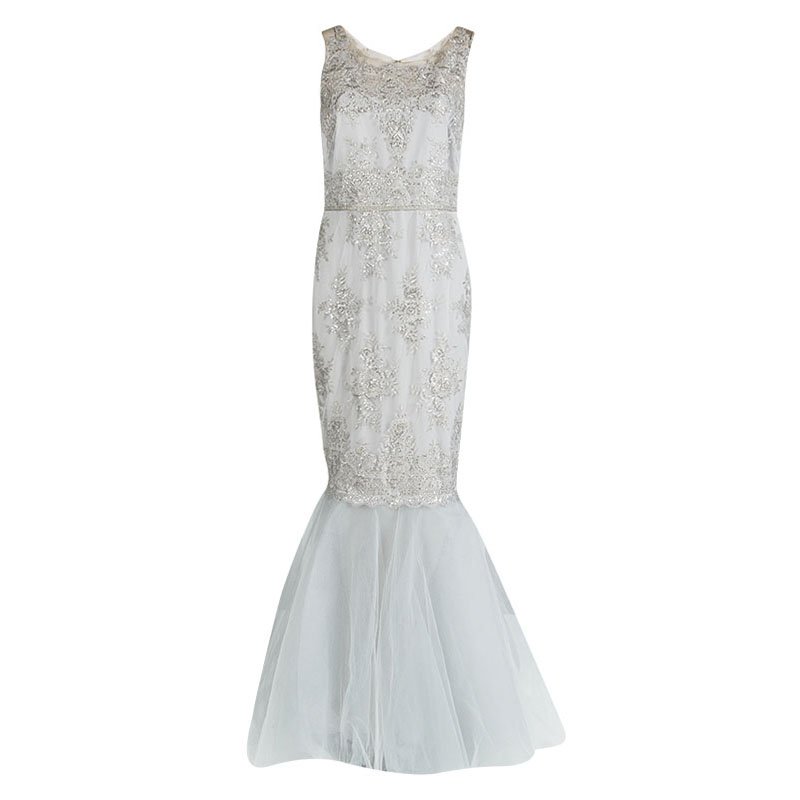 Pre Owned Notte by Marchesa Grey Embroidered Embellished Tulle Detail Sleeveless Gown S