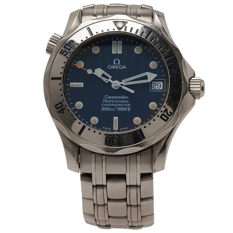 Pre Owned Omega Navy Blue Stainless Steel Seamaster Women's Wristwatch 36MM
