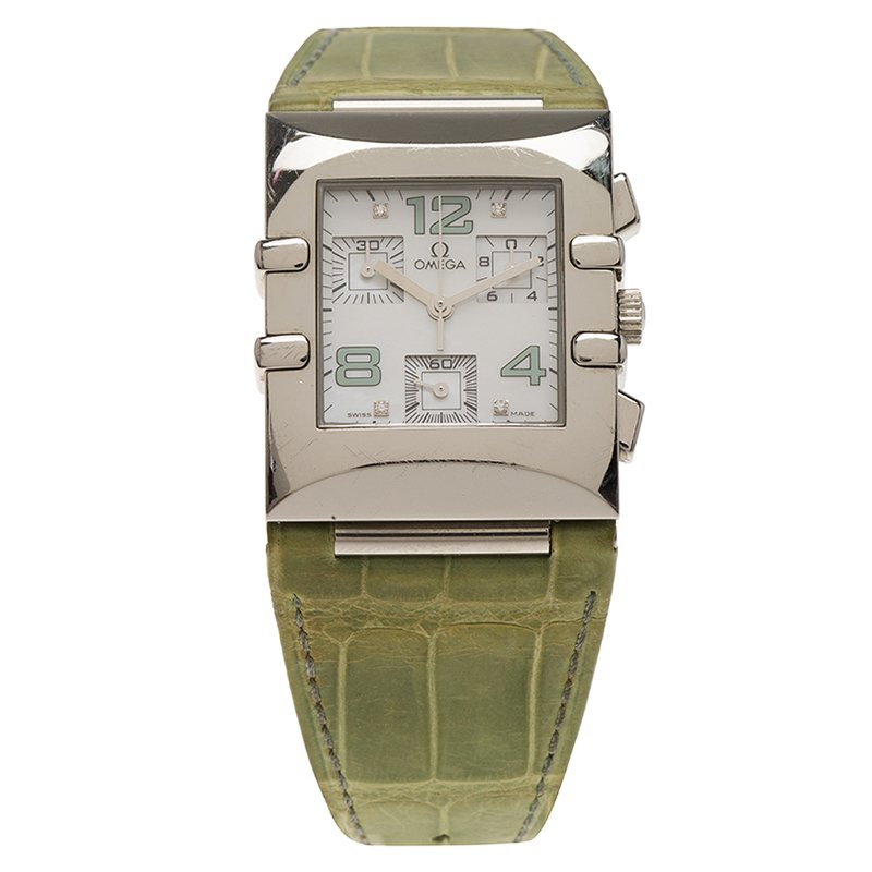 Omega White Stainless Steel Constellation Quadra Quartz Chronograph Women's Wristwatch 28MM
