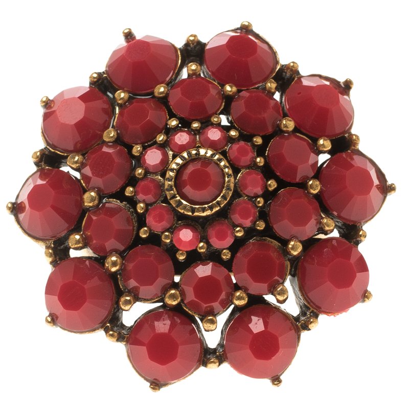 Pre Owned Oscar de la Renta Red Resin Flower Dome Ring Size 54.5