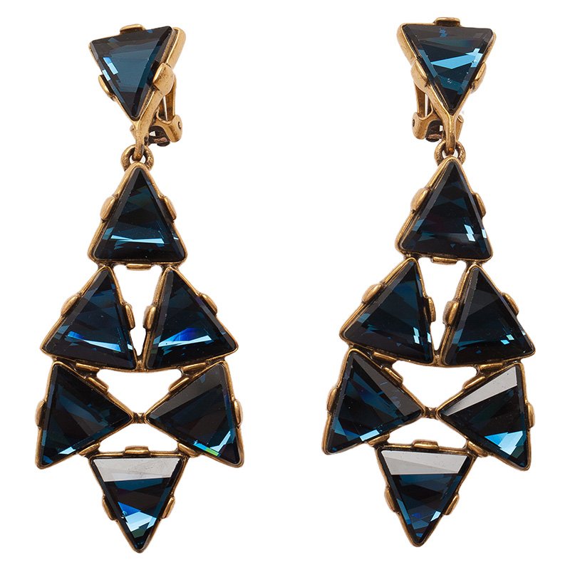 Oscar de la Renta Triangle Blue Swarovski Crystal Gold Tone Clip On Earrings