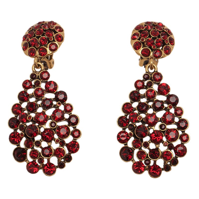 مملوكة مسبقًا Oscar de la Renta Red Crystal Tear Drop Clip Earrings