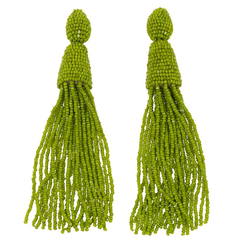 Pre Owned Oscar de la Renta Green Beaded Tassle Earrings