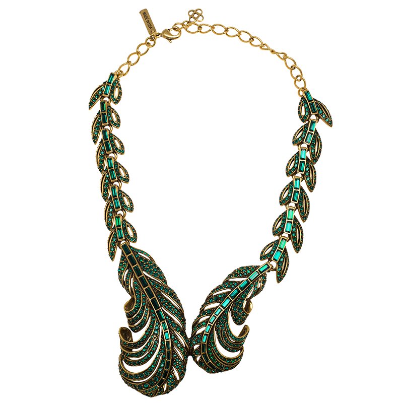 Pre Owned Oscar De La Renta Green Crystal Feather Necklace
