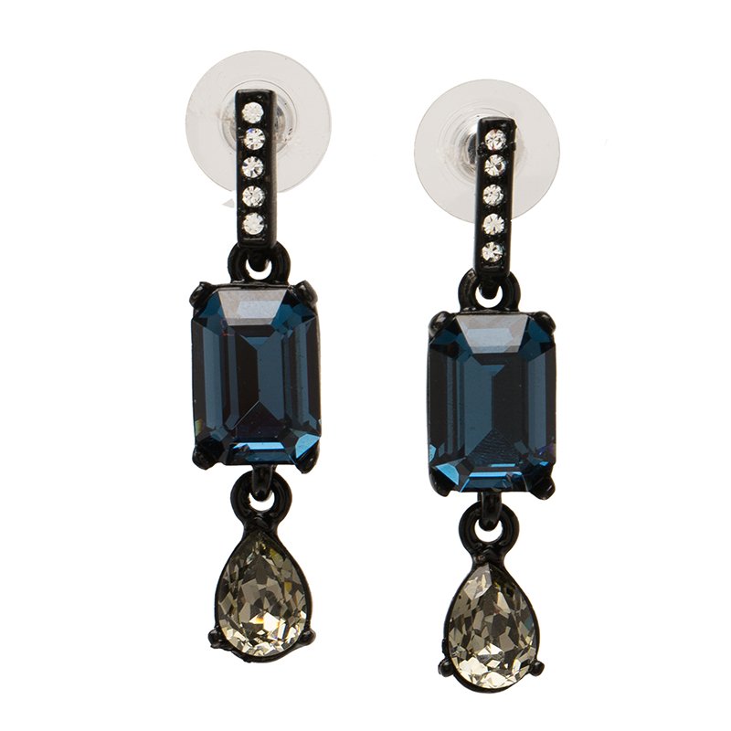 Pre Owned Oscar de la Renta Blue Crystal Black Drop Earrings